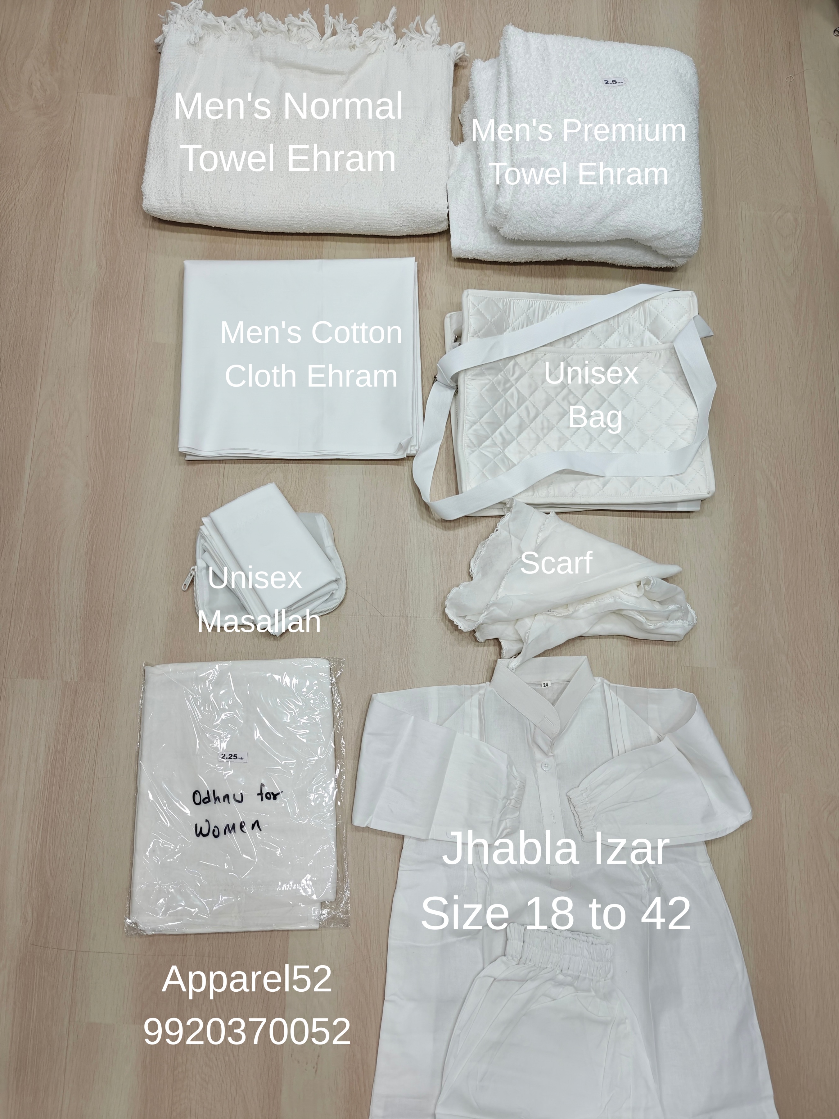  Umrah Mens Ehram (Towel or Cloth), Unisex Bag and Travel Masallah, Girls Jhabla-Izar